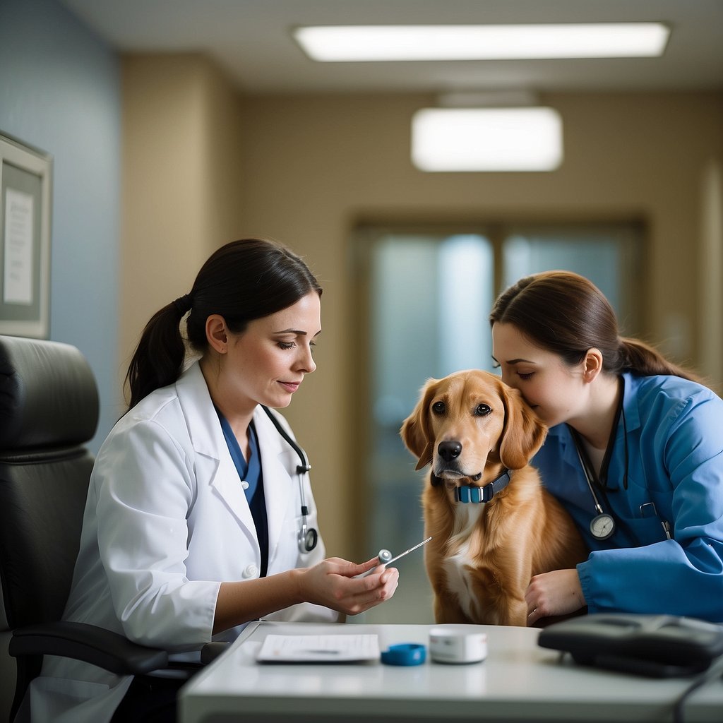 A dog with droopy ears and sad eyes sits next to a person with a thermometer in their mouth, while a veterinarian examines them