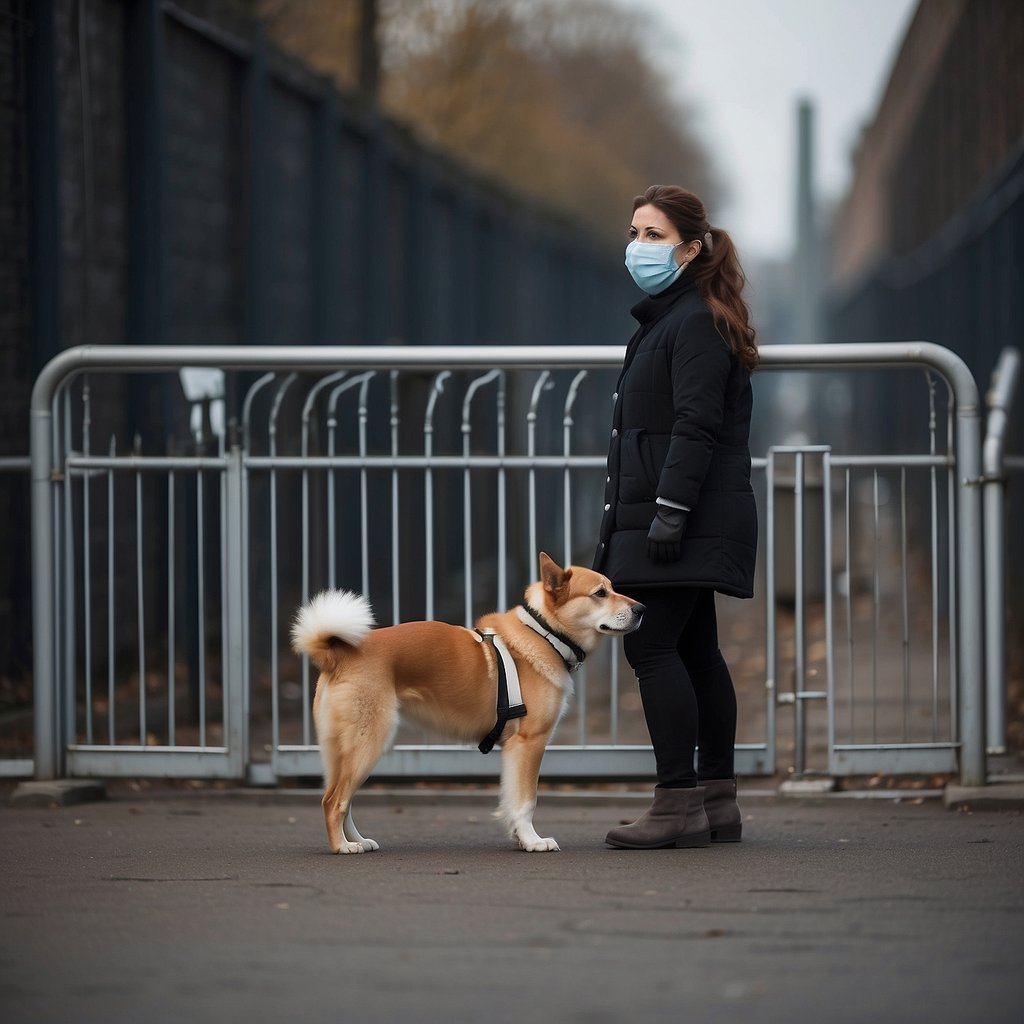 A dog and a human are standing apart, with a barrier between them. The human is wearing a mask and gloves, and the dog is kept on a leash