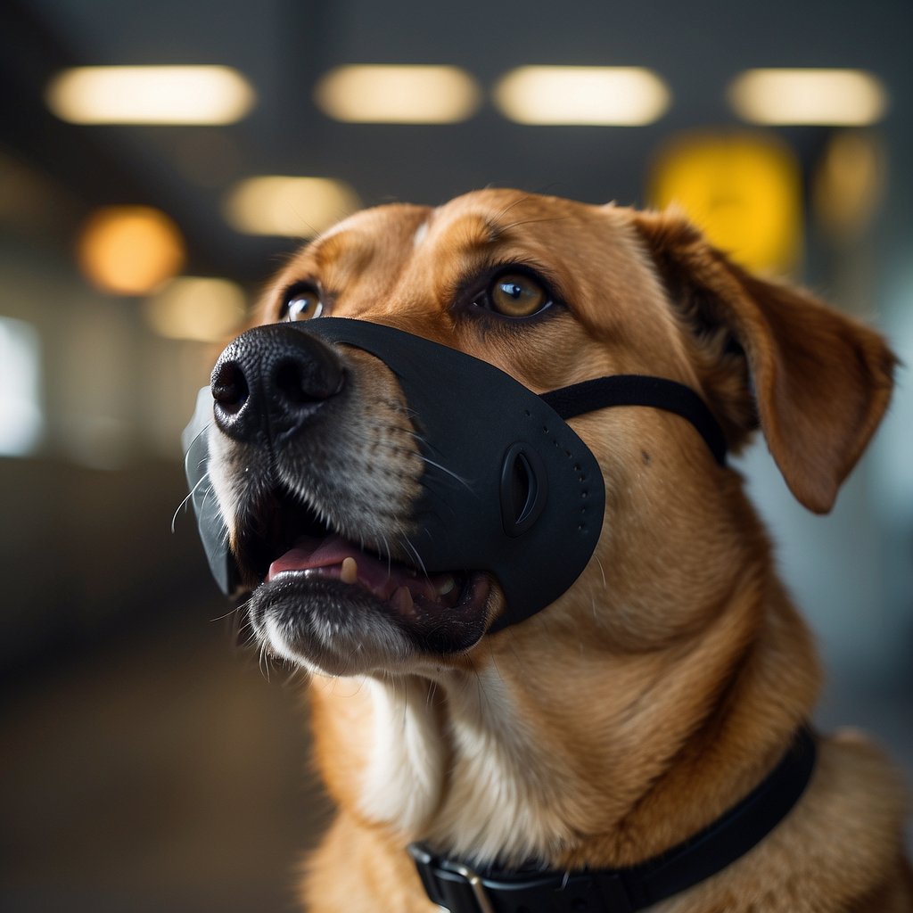 A dog looks up at a person wearing a face mask, with a caution sign in the background