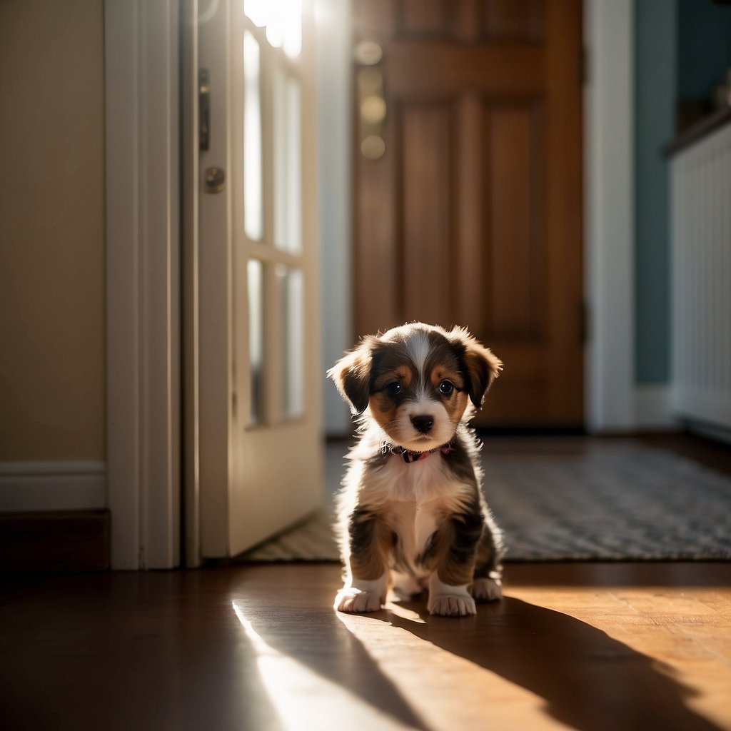 A small puppy eagerly waits by the door, tail wagging, as sunlight streams in, signaling it's time to go outside