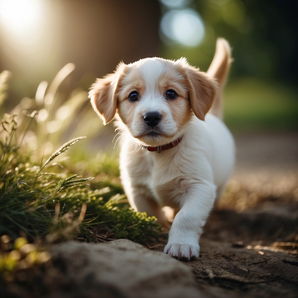 A playful puppy explores a vibrant outdoor environment, engaging with other dogs and discovering new sights and smells, promoting socialization and mental development