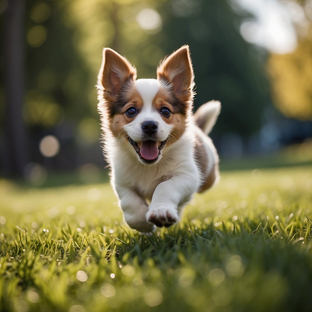 A playful puppy bounds through a grassy park, chasing a ball. Trees and blue skies surround, as a gentle breeze rustles the leaves