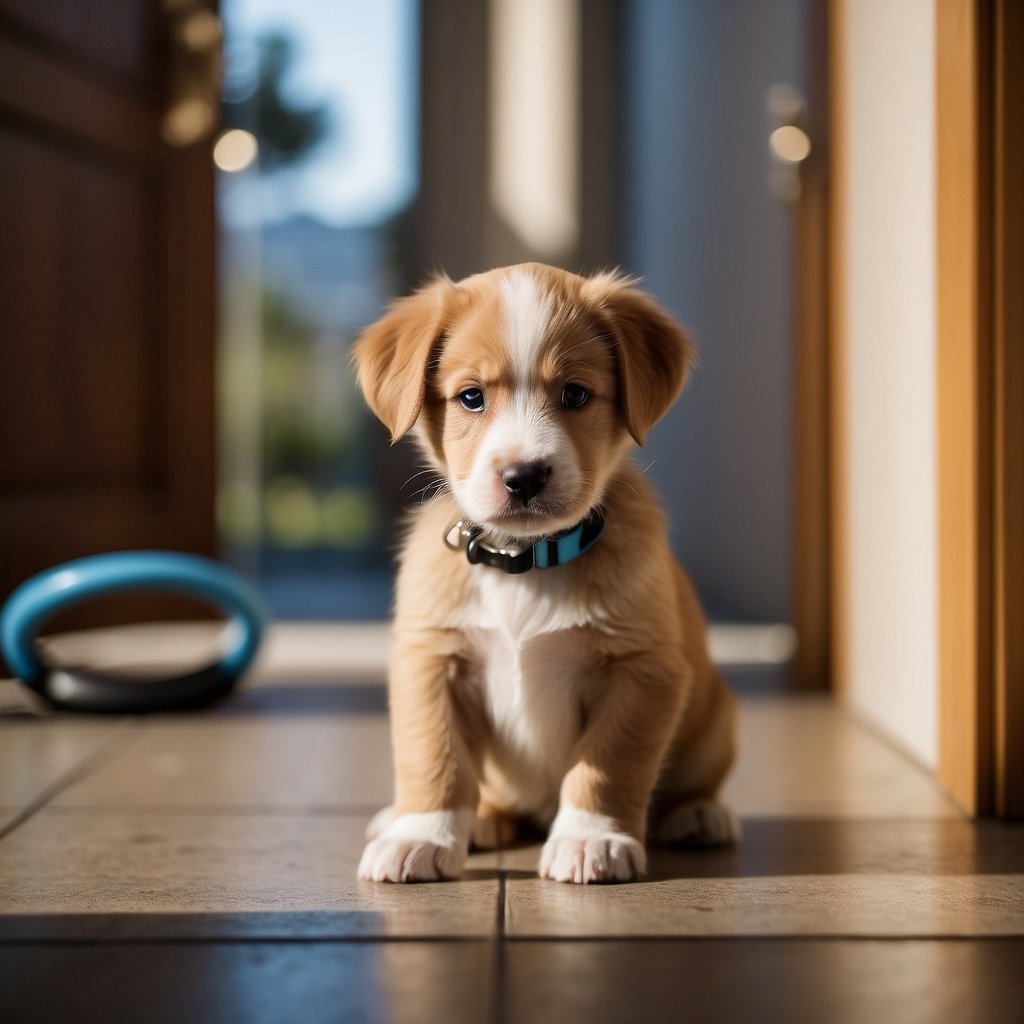 A puppy sitting by the door, looking eager, with a potty pad nearby and a leash hanging on the wall