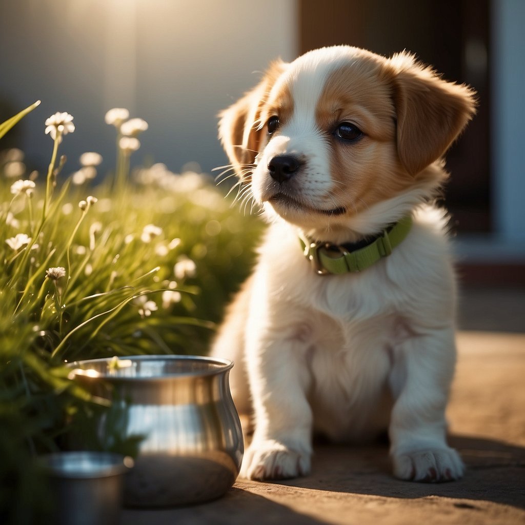 A puppy sits by the door, wagging its tail eagerly. A leash, collar, and water bowl lay ready nearby. The sun shines outside, casting a warm glow on the grass