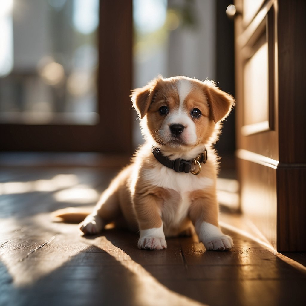 A happy puppy eagerly waits by the door, tail wagging, as the sun shines through the window. A leash and collar sit ready nearby