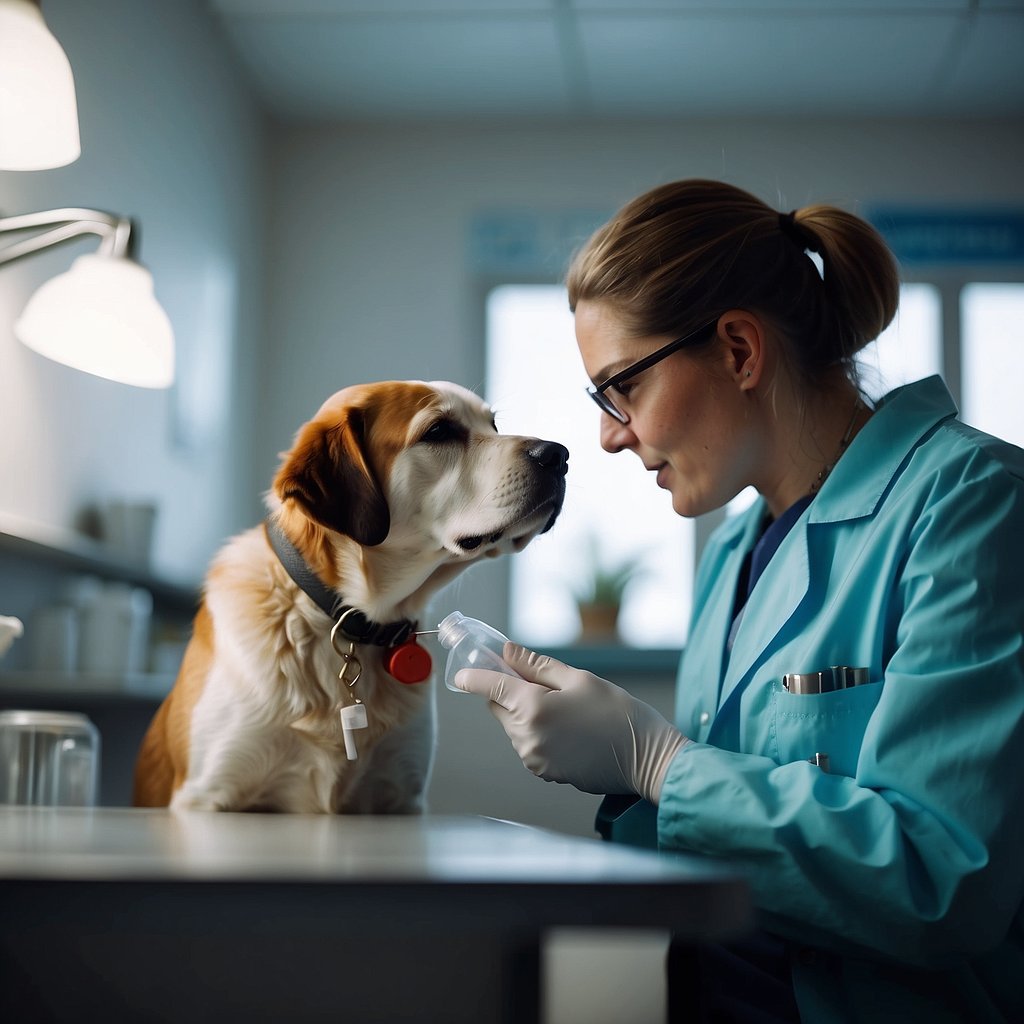 A veterinarian examines a sick dog for signs of parvo in a clinic