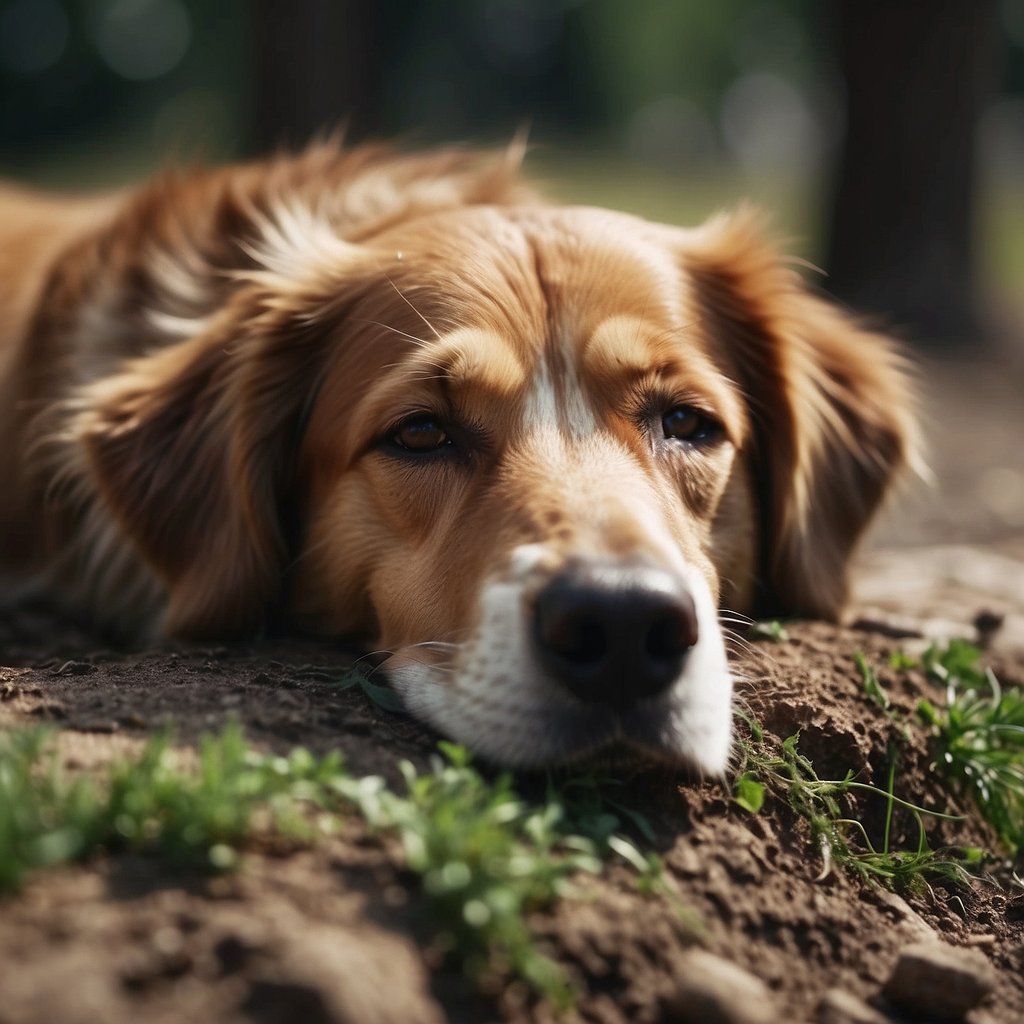 A dog lying on the ground, with a sad and lethargic expression, vomiting and having diarrhea, while showing signs of dehydration