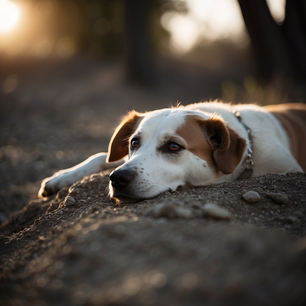 A dog with Parvovirus lies lethargic, with vomiting and diarrhea, in a barren, desolate environment
