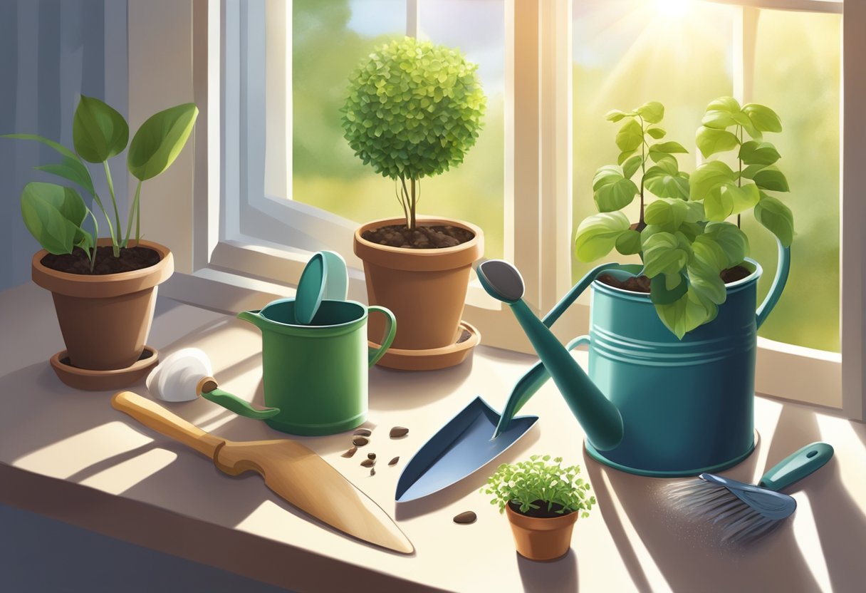 A table with gardening kits: gloves, trowel, watering can, and seeds. A pot with soil and a small plant. Sunlight streams in through a nearby window