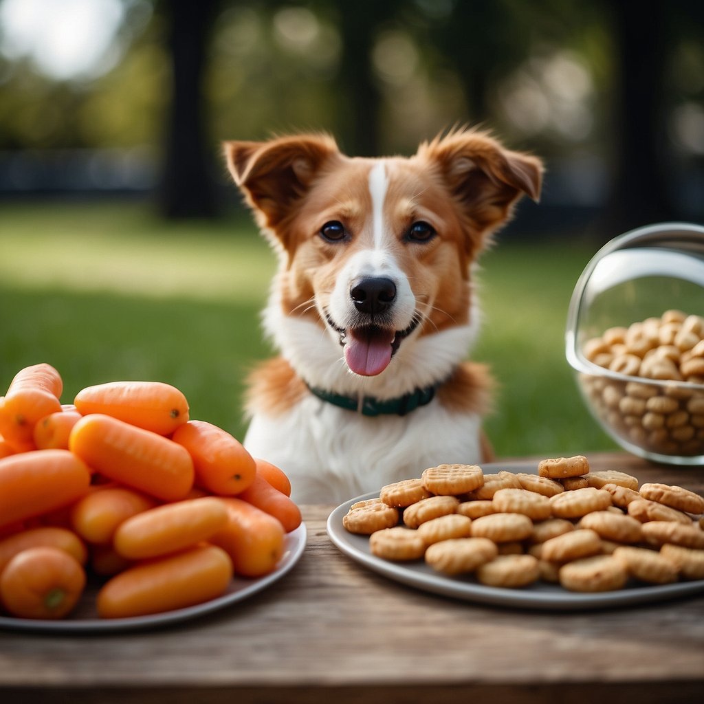 A variety of dog-friendly snacks fill the scene: carrots, apples, and peanut butter treats. A happy pup eagerly awaits the healthy snacks