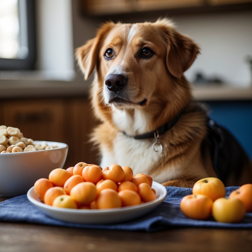 A dog happily munches on carrots and apples, with a bowl of blueberries nearby. A bag of dog treats sits unopened in the background