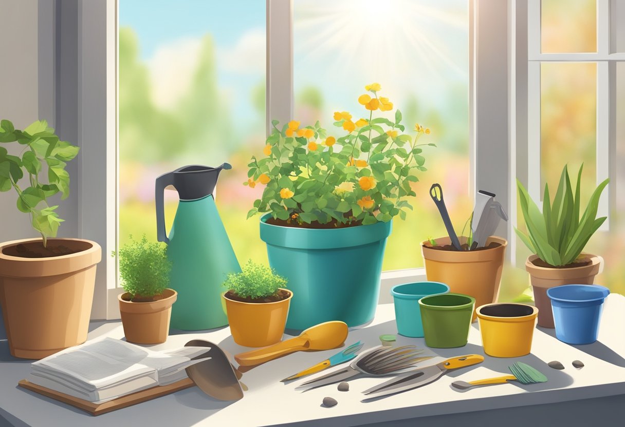 A table with neatly arranged gardening tools, seeds, and pots. A colorful packet of instructions sits on top. A sunny window overlooks the scene