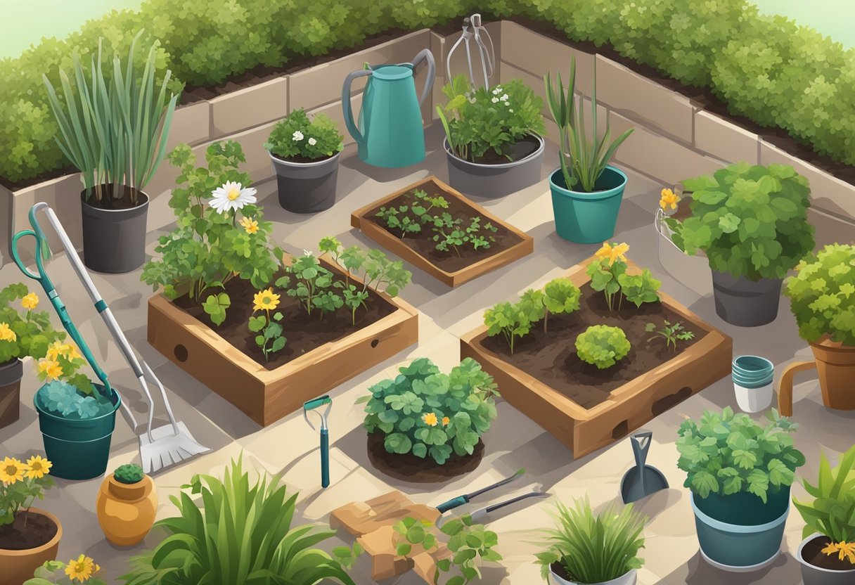 A well-kept garden with a variety of gardening tools neatly organized in a kit. Plants are thriving, and the sun is shining