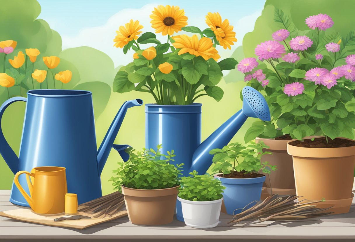 A table displays gardening kits, including gloves, tools, and seeds. A watering can and potted plants sit nearby. The background features a lush garden with blooming flowers and greenery