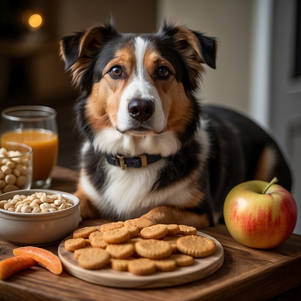 A variety of dog-friendly snacks arranged on a wooden tray, including carrots, apples, and peanut butter treats. A happy dog eagerly waiting nearby