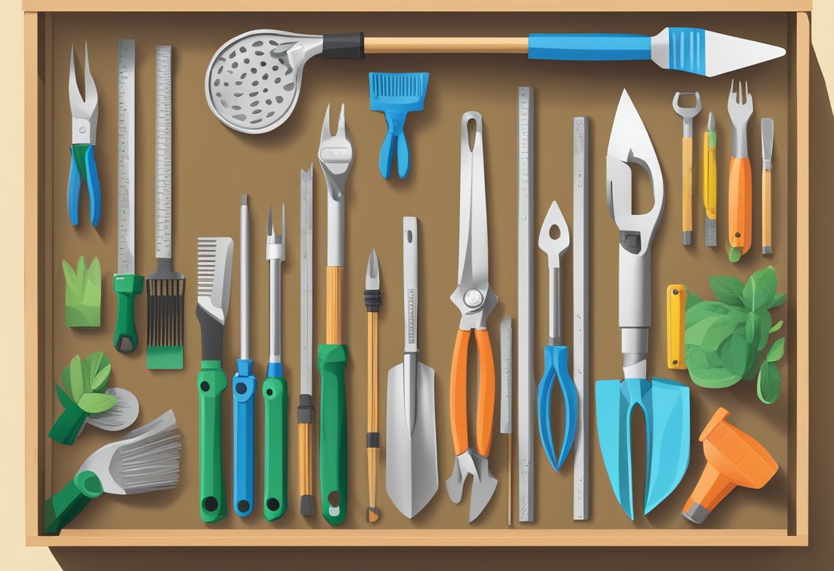 A variety of gardening tools and supplies neatly arranged in a sturdy, colorful box with the words "Conclusion Gardening Kits" printed on the front