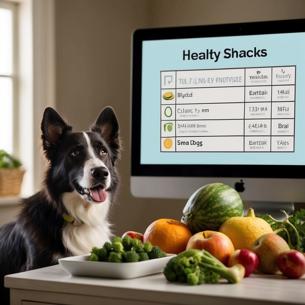 A dog happily munches on a variety of fresh fruits and vegetables, with a bowl of water nearby. A sign reads "Healthy Snacks for Dogs" with a list of safe and nutritious options