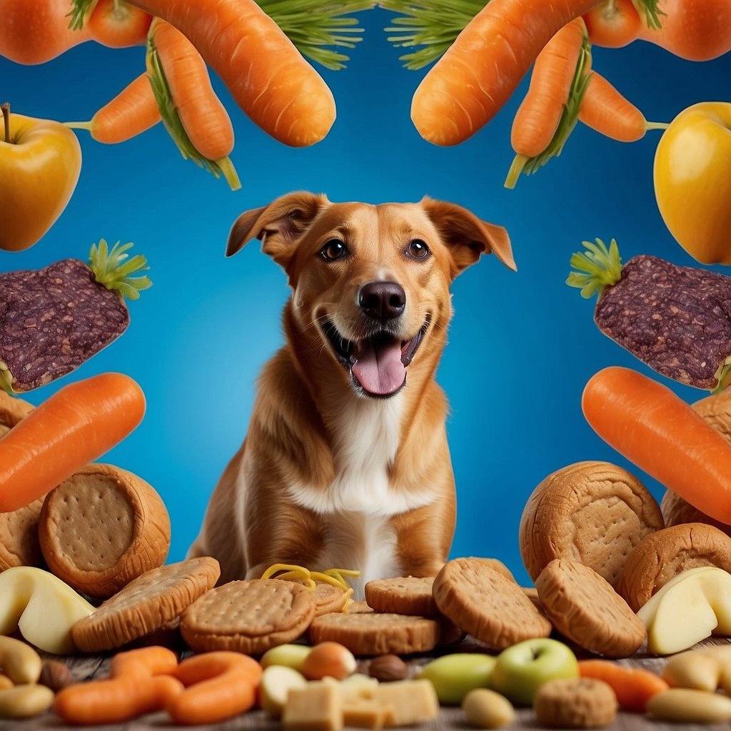 A happy dog munches on a variety of healthy snacks, including carrots, apples, and peanut butter treats. Its tail wags as it enjoys the additional health benefits of these nutritious snacks