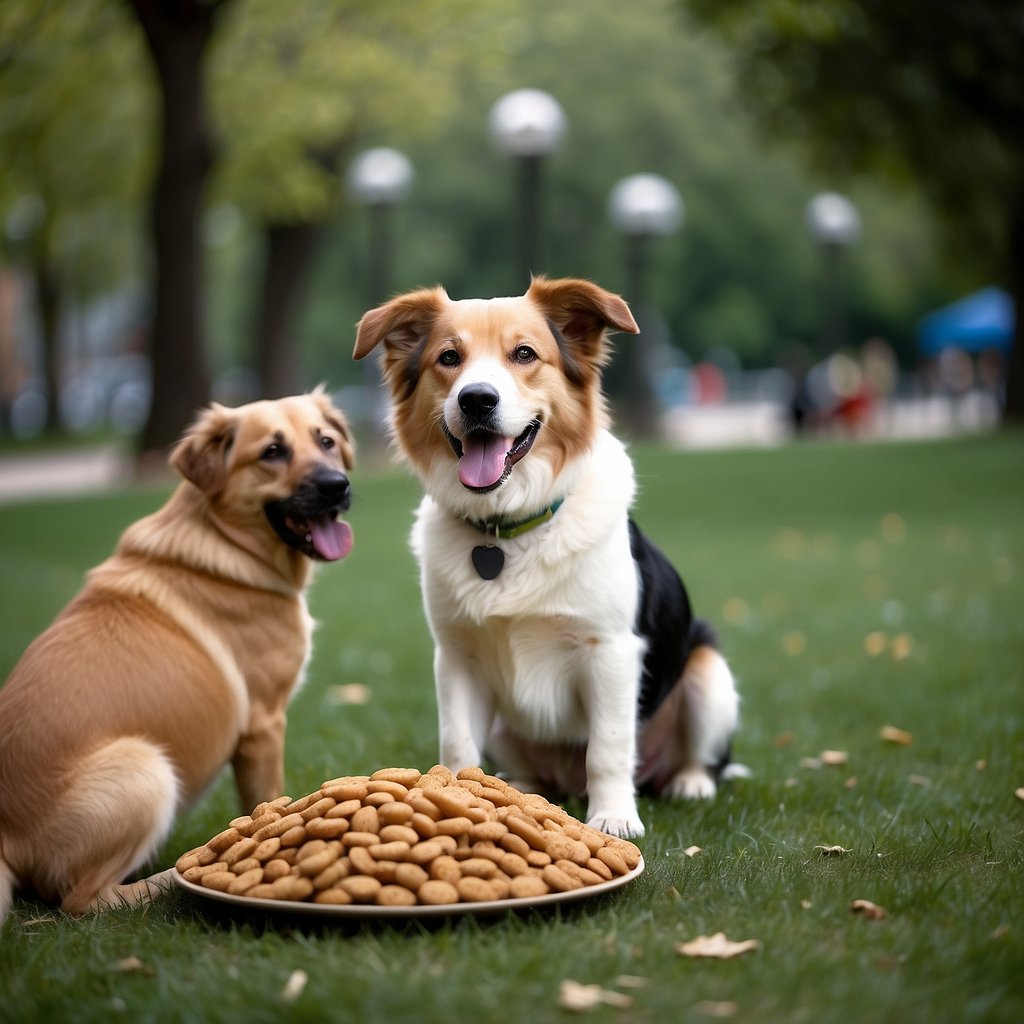 Different sized dogs enjoying healthy snacks in a park setting. Small dogs nibbling on bite-sized treats, medium dogs chewing on larger snacks, and large dogs gnawing on substantial bones