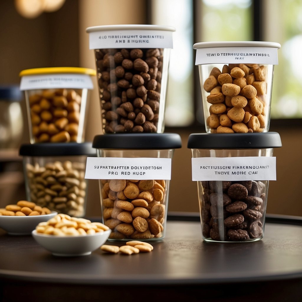 A table displays various dog snacks with clear labeling and regulations