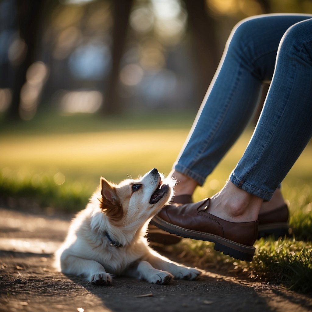 A dog's paw rests gently on a person's leg, seeking attention and connection in a gesture of affection and communication