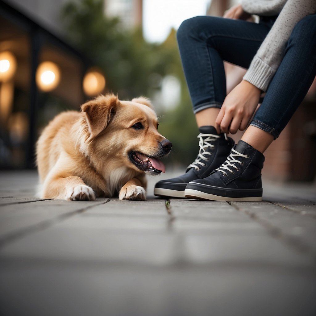 A dog places its paw on a person's leg, looking up with a gentle expression, as if seeking affection or attention