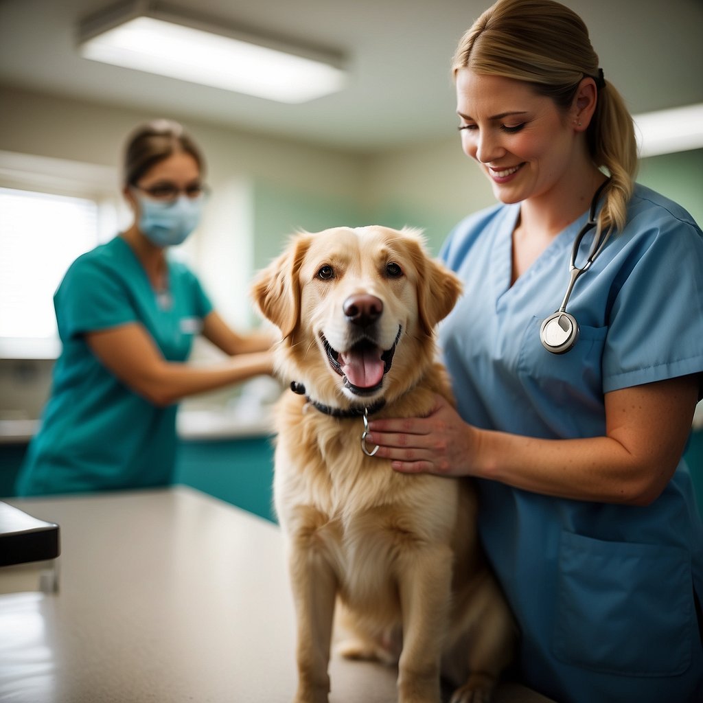 A veterinarian administers yearly shots to a dog in a clinic setting