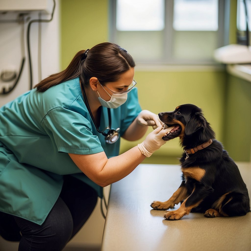 A veterinarian administers annual vaccinations to a dog in a clinic setting