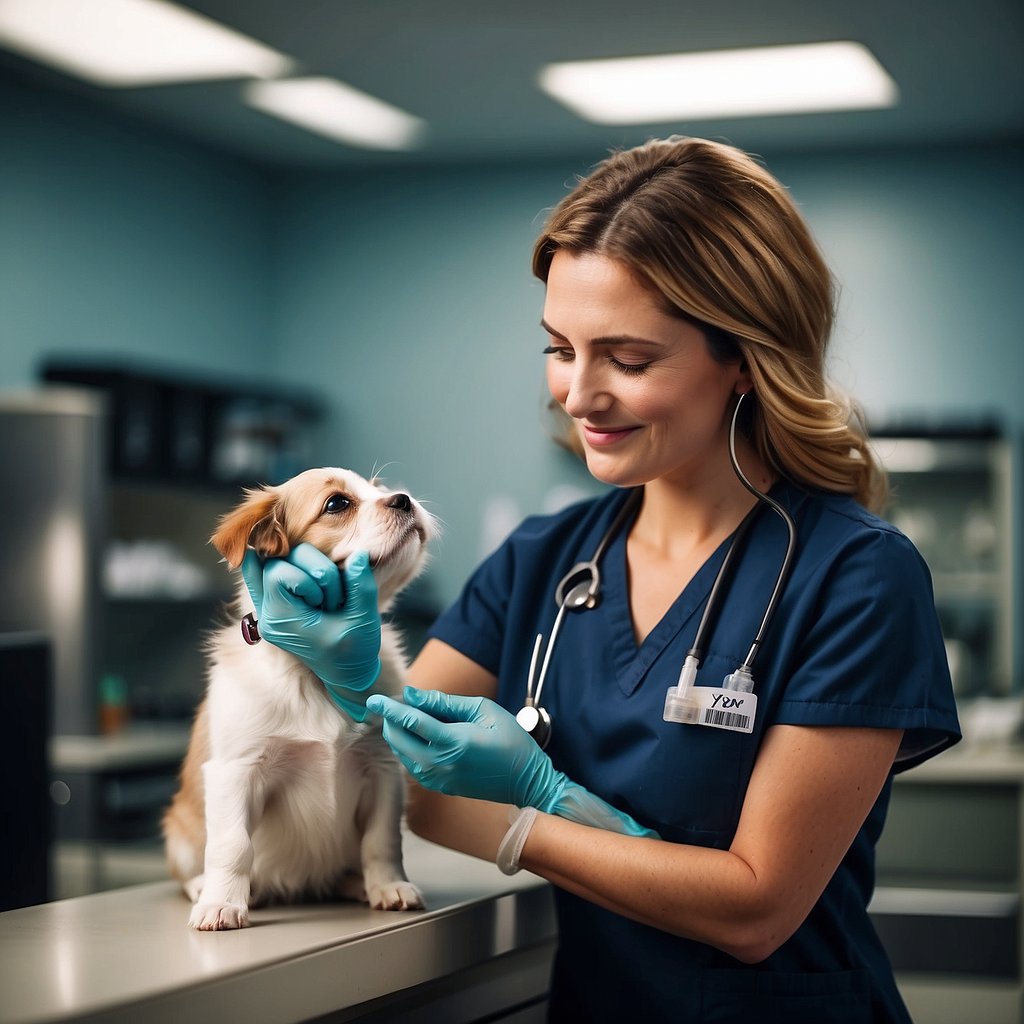 A veterinarian administers a puppy's yearly vaccinations, ensuring their immunity and health