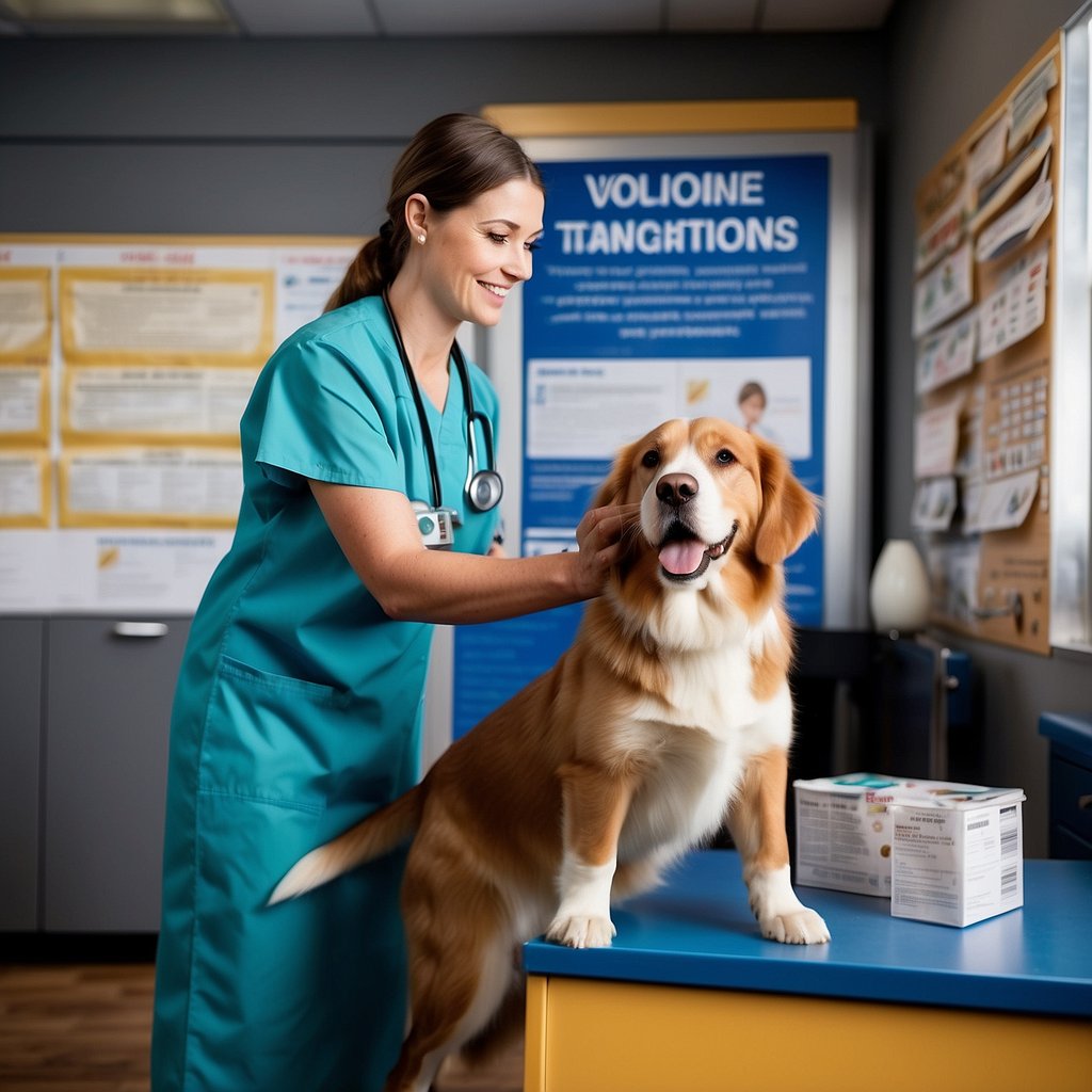 A veterinarian administers annual vaccinations to a dog, surrounded by posters on legal and social considerations for pet vaccinations