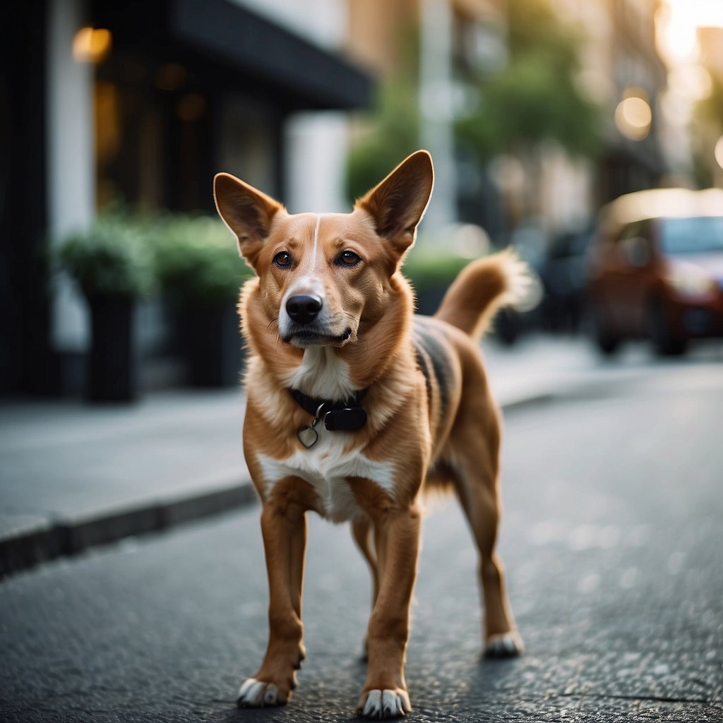 A dog barks at an empty street, head tilted, ears perked, and tail raised, curious and alert