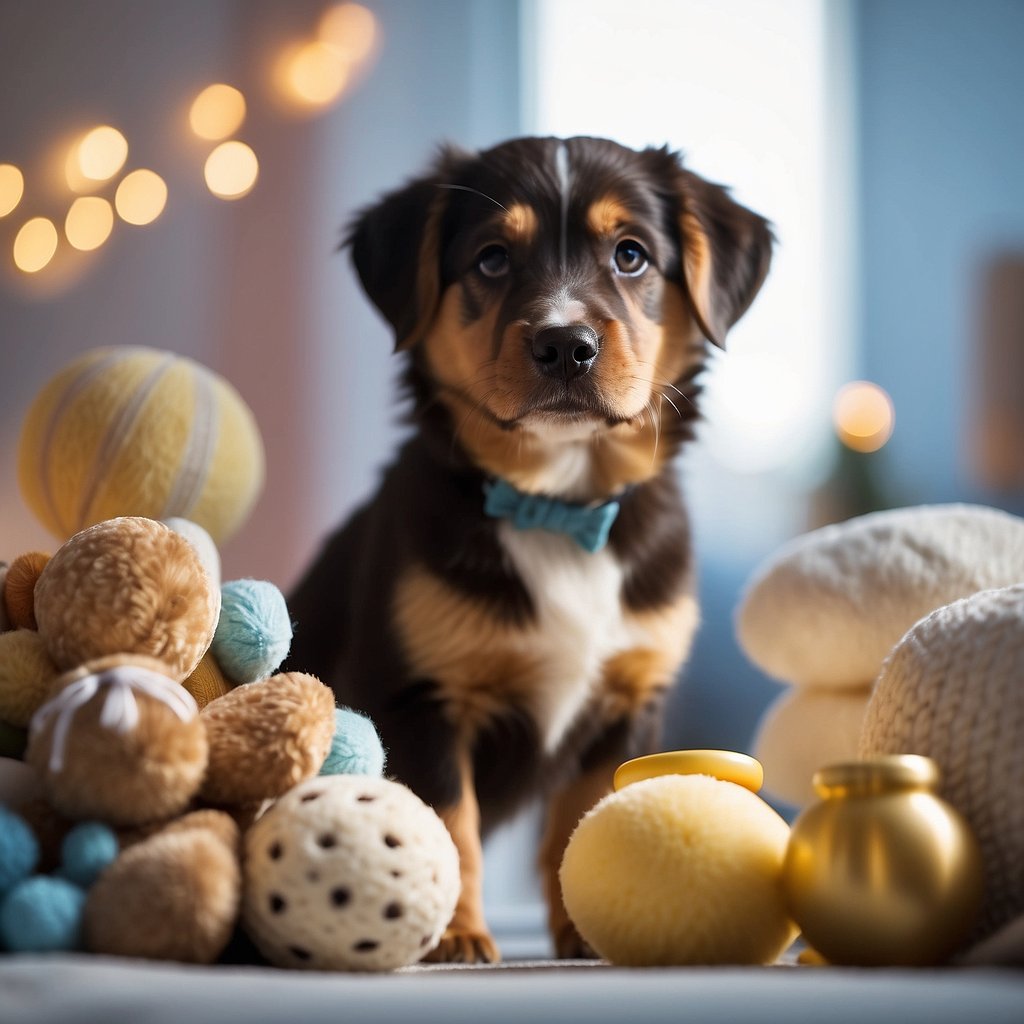 A dog standing in a peaceful environment, surrounded by toys, treats, and a cozy bed, while a calm, soothing atmosphere is created through soft lighting and gentle background noise
