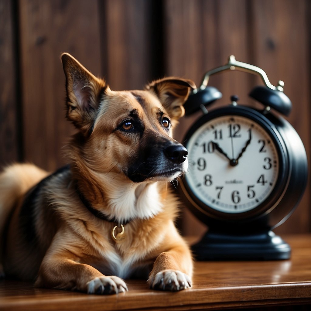 A dog sits by a clock, tilting its head, as if pondering the passing of time