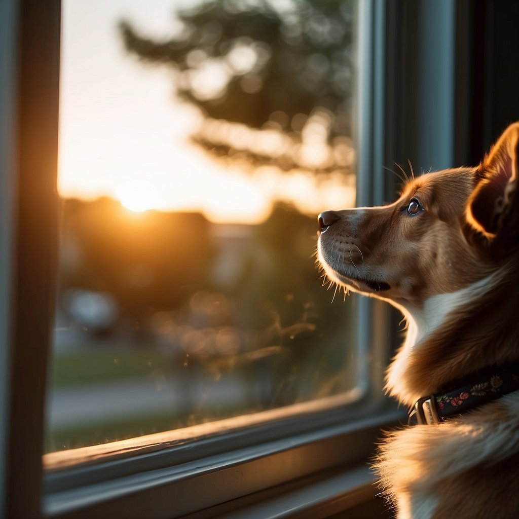 A dog eagerly awaits by a window, gazing outside as the sun sets, indicating their perception of time