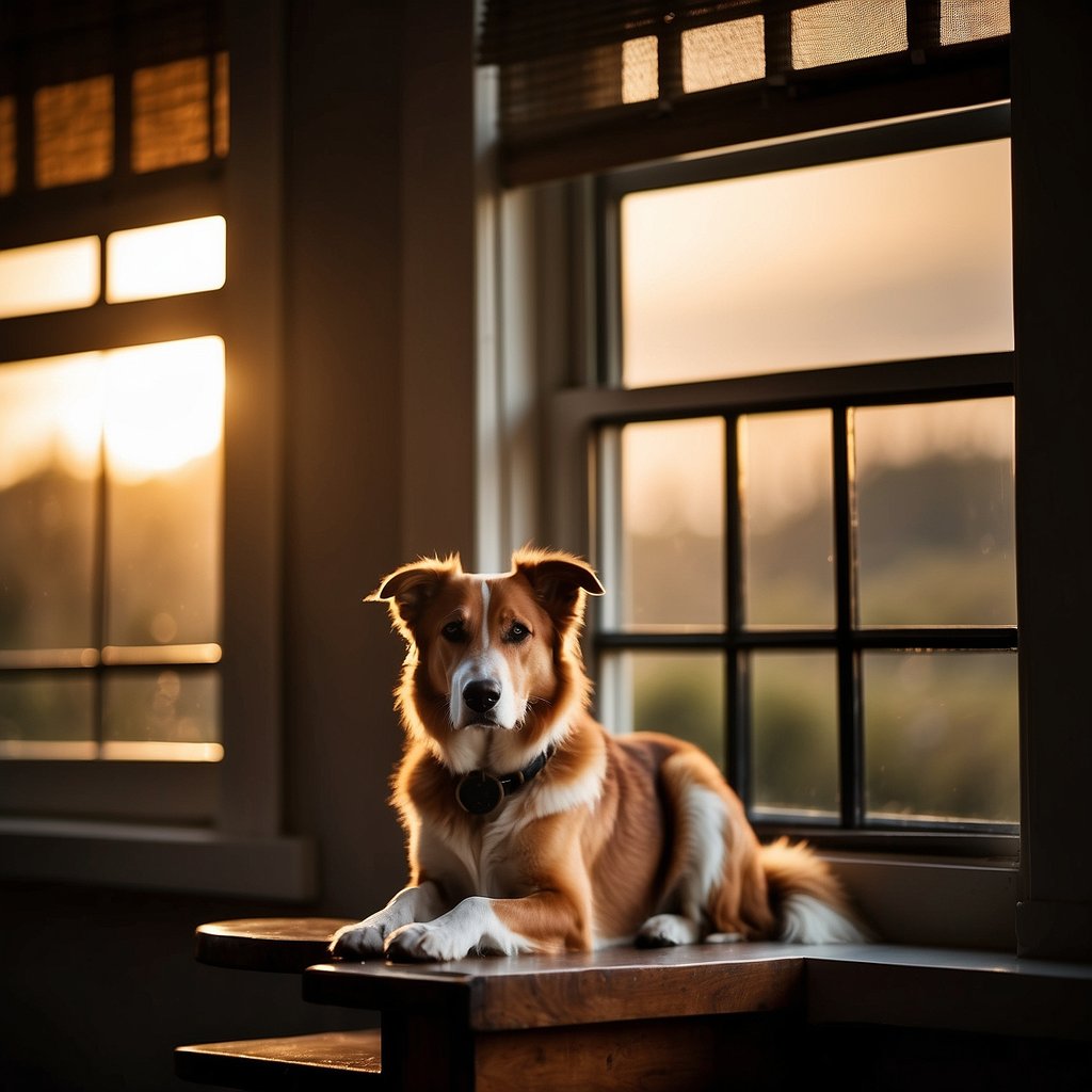 A dog sits by a window, gazing out expectantly as the sun sets. A clock on the wall shows the hands nearing dinnertime