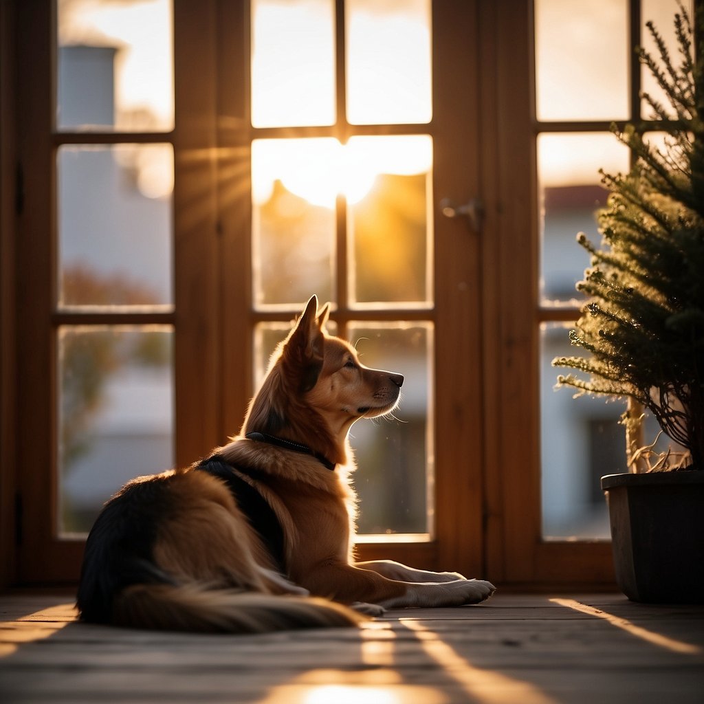A dog sitting by a window, looking at the setting sun and a clock on the wall. Outside, people are returning home from work