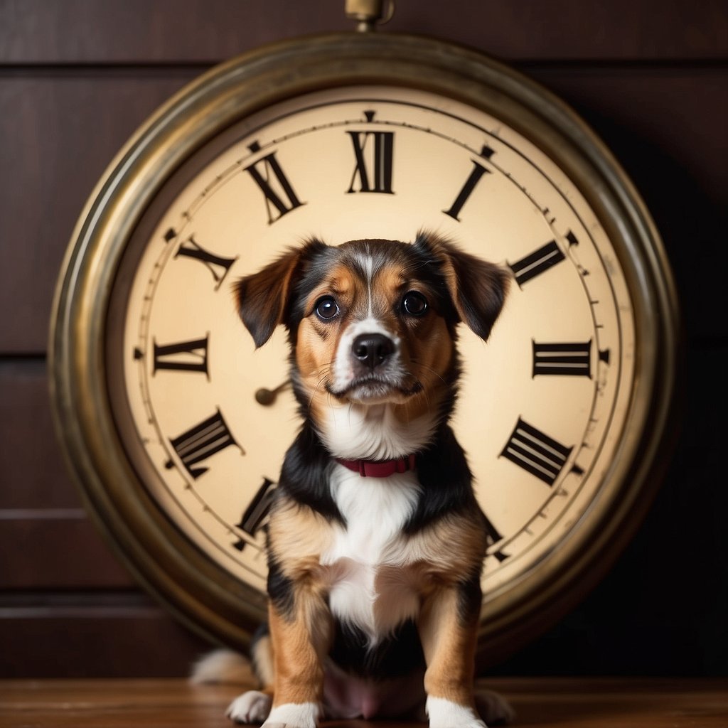 A dog sitting next to a clock, looking at it attentively