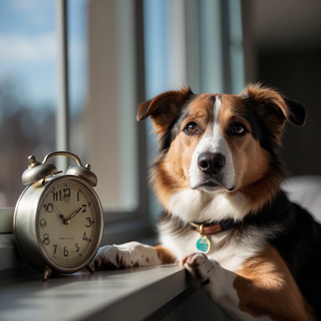 A dog sitting by a window, with a clock on the wall, looking expectantly as the hands move towards mealtime