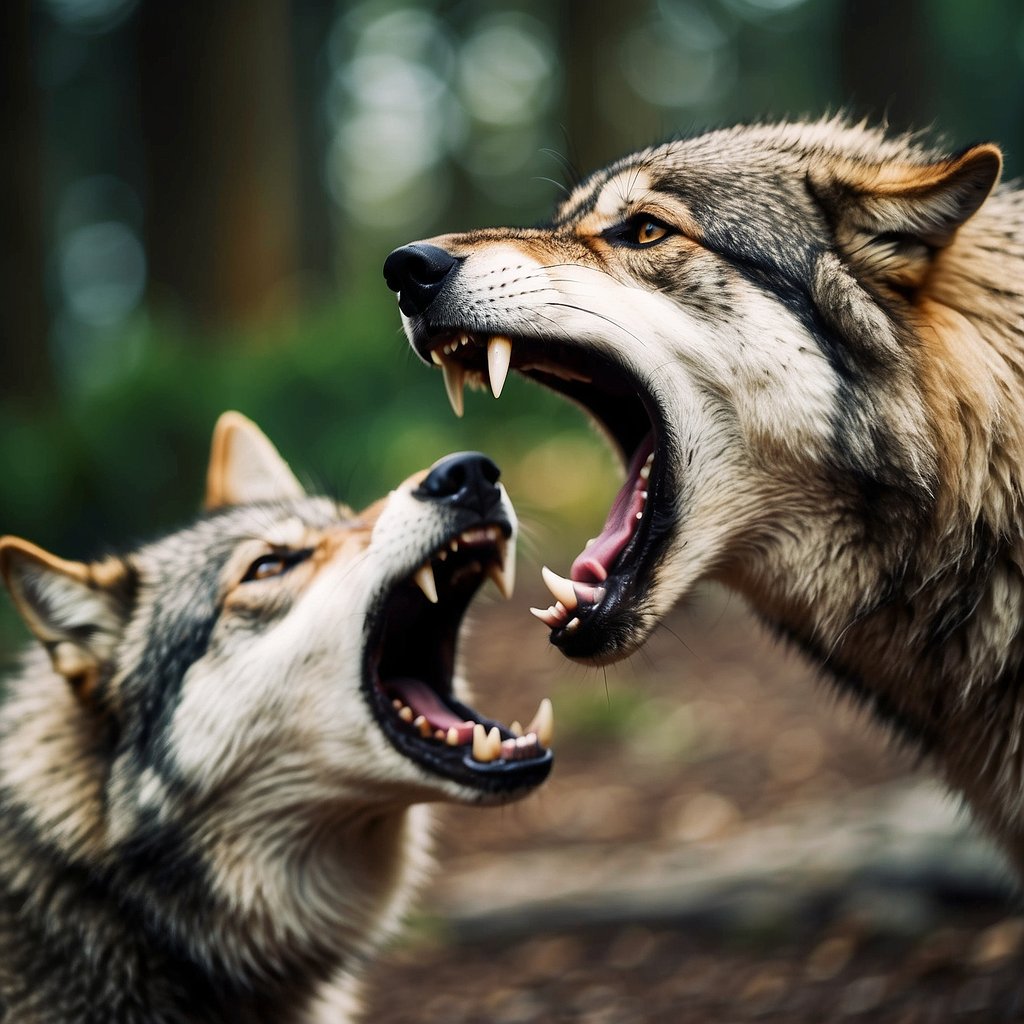 Two sharp canine teeth protrude from a snarling wolf's mouth