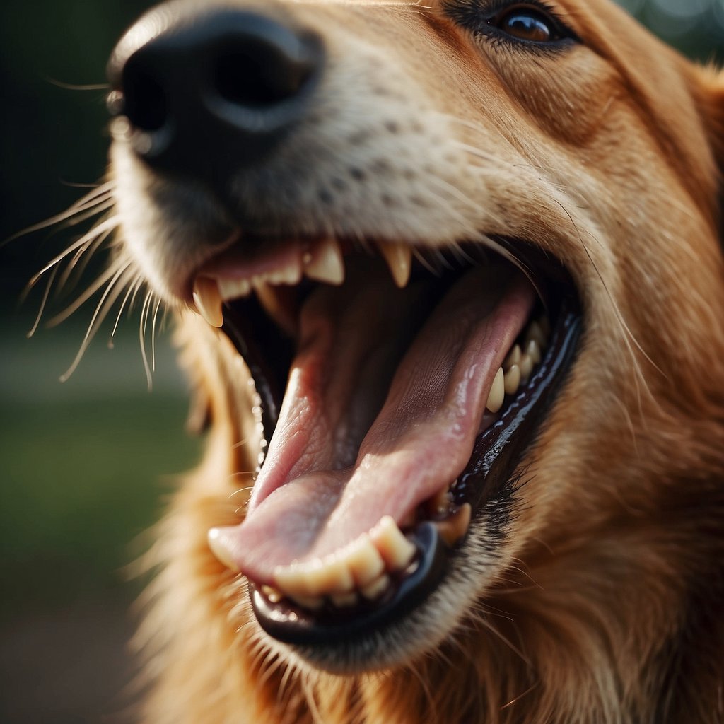 A dog's mouth open, showing sharp canine teeth with pointed tips and curved edges, used for gripping and tearing food