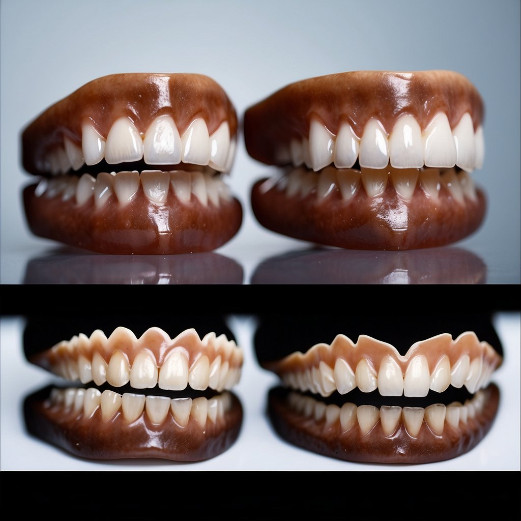 Two sets of canine teeth side by side, one larger and sharper, the other smaller and rounder