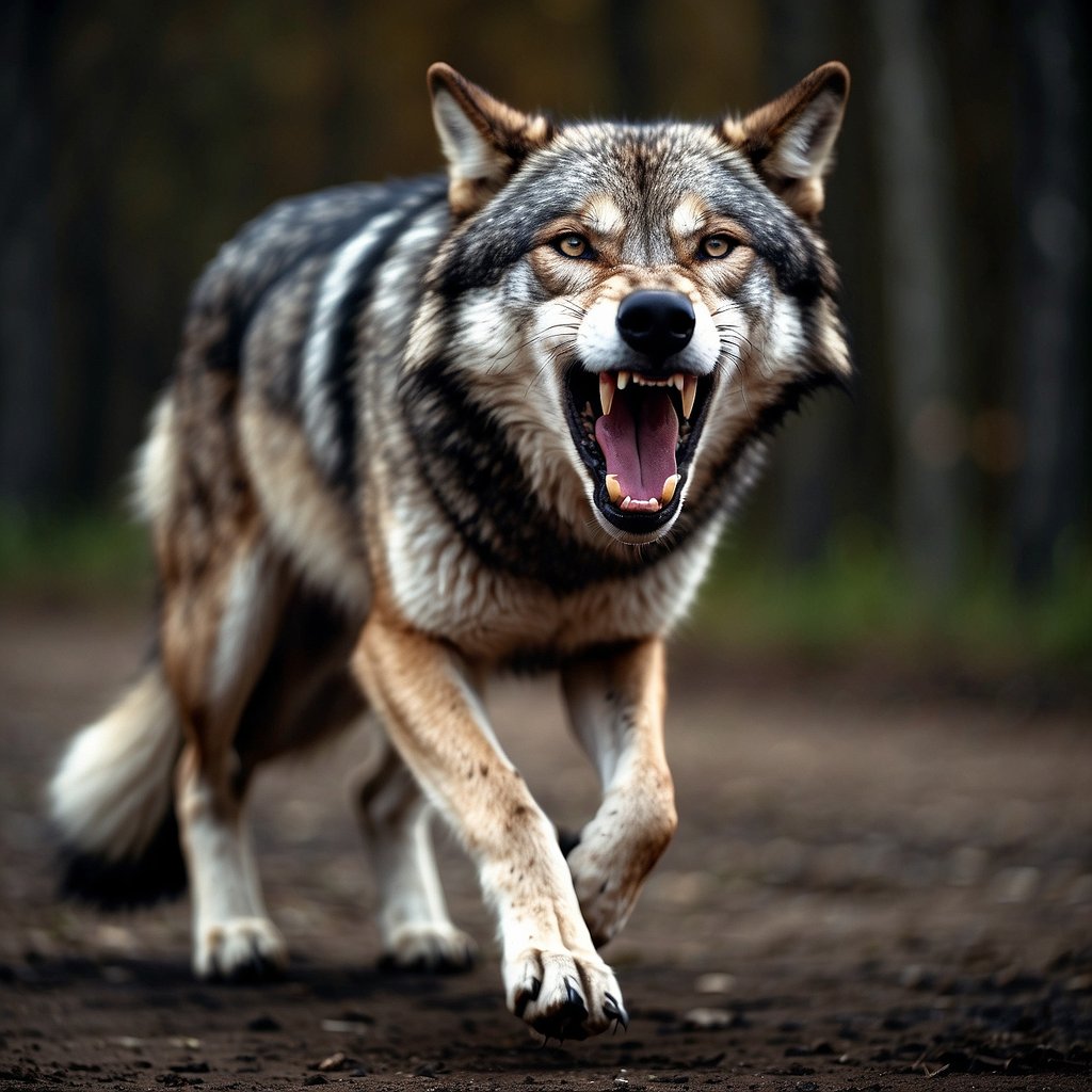 A wolf bares its sharp canine teeth in a snarl, with saliva dripping from its mouth, ready to defend its territory