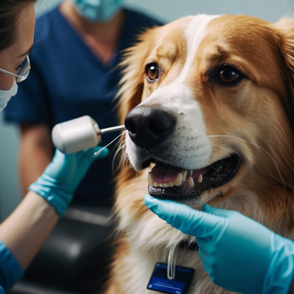 A dog with visible dental issues receives treatment from a veterinarian