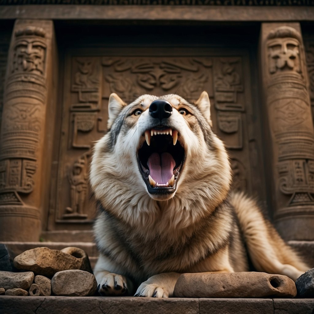 A wolf-like creature bares its sharp canine teeth, surrounded by ancient artifacts and symbols representing cultural and historical perspectives