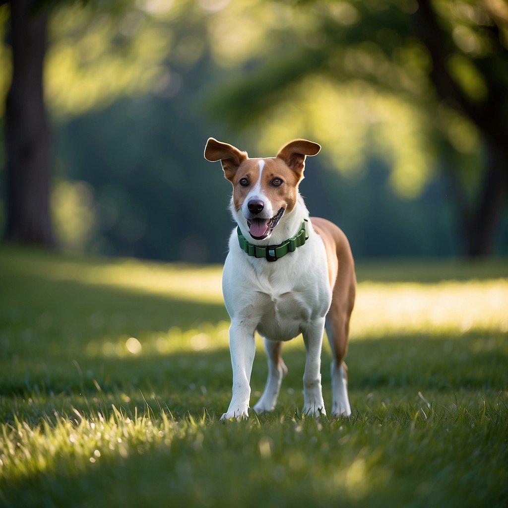 A dog wearing a GPS collar, walking confidently in a lush green park with a clear blue sky in the background
