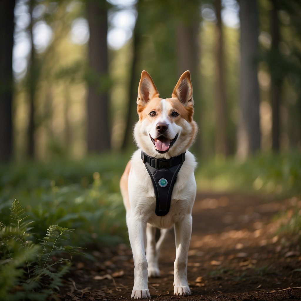 A dog wearing a GPS collar walks confidently through a wooded area, with the collar visibly equipped with safety features