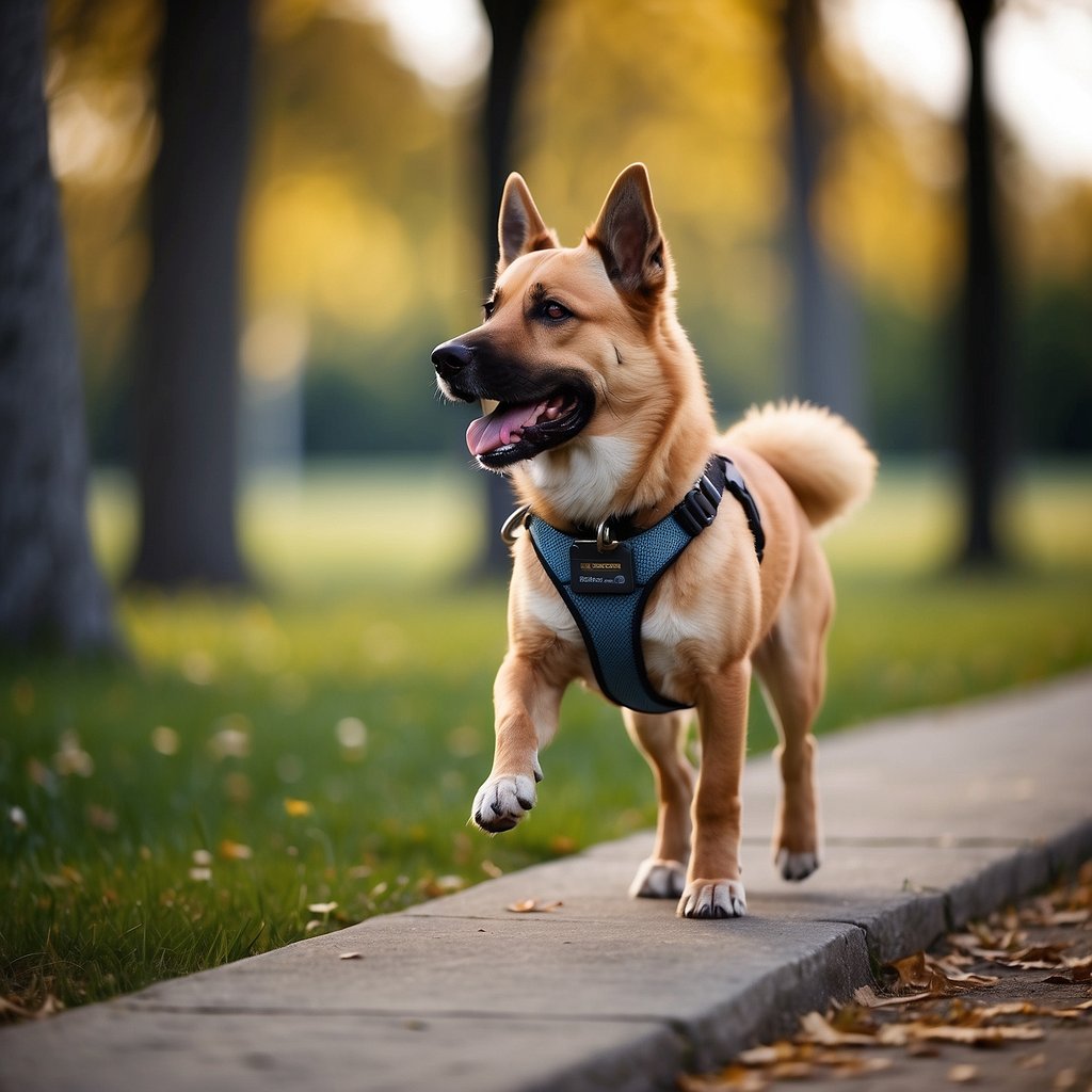 A dog wearing a GPS collar, walking safely in a park