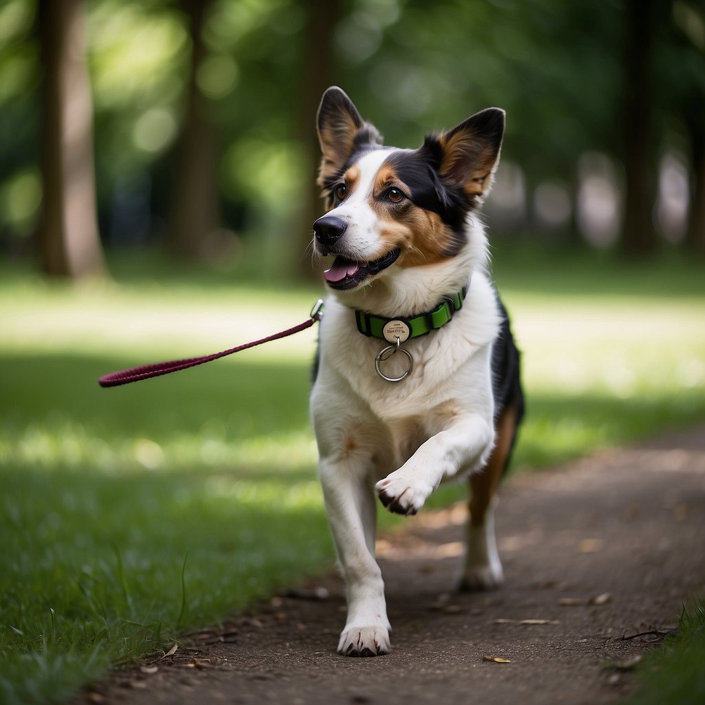A dog wearing a GPS collar, walking freely in a lush green park, with the collar clearly visible and a signal symbol indicating connectivity
