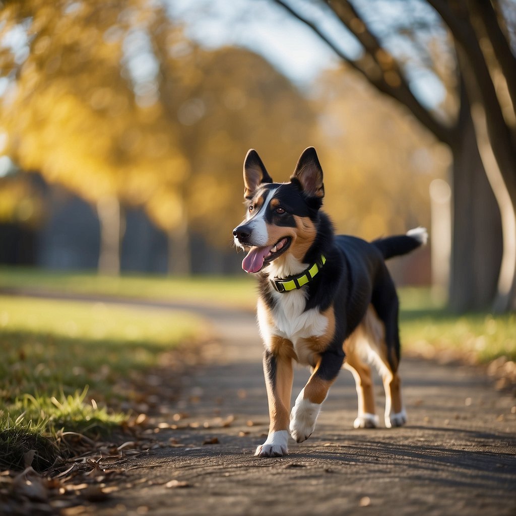 A dog wearing a GPS collar, walking freely in a safe and secure environment