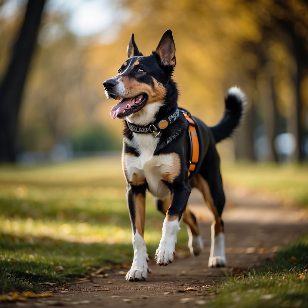 A dog wearing a GPS collar, walking freely in a safe and secure environment, with a visible subscription service logo on the collar